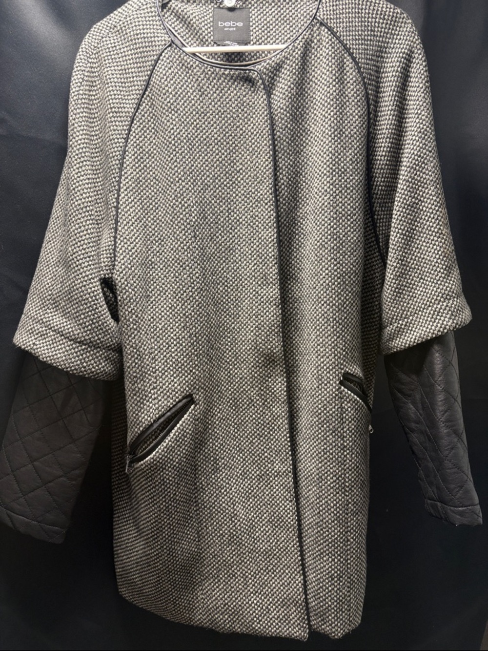 bebe Gray Textured Knit Coat with Quilted Sleeves